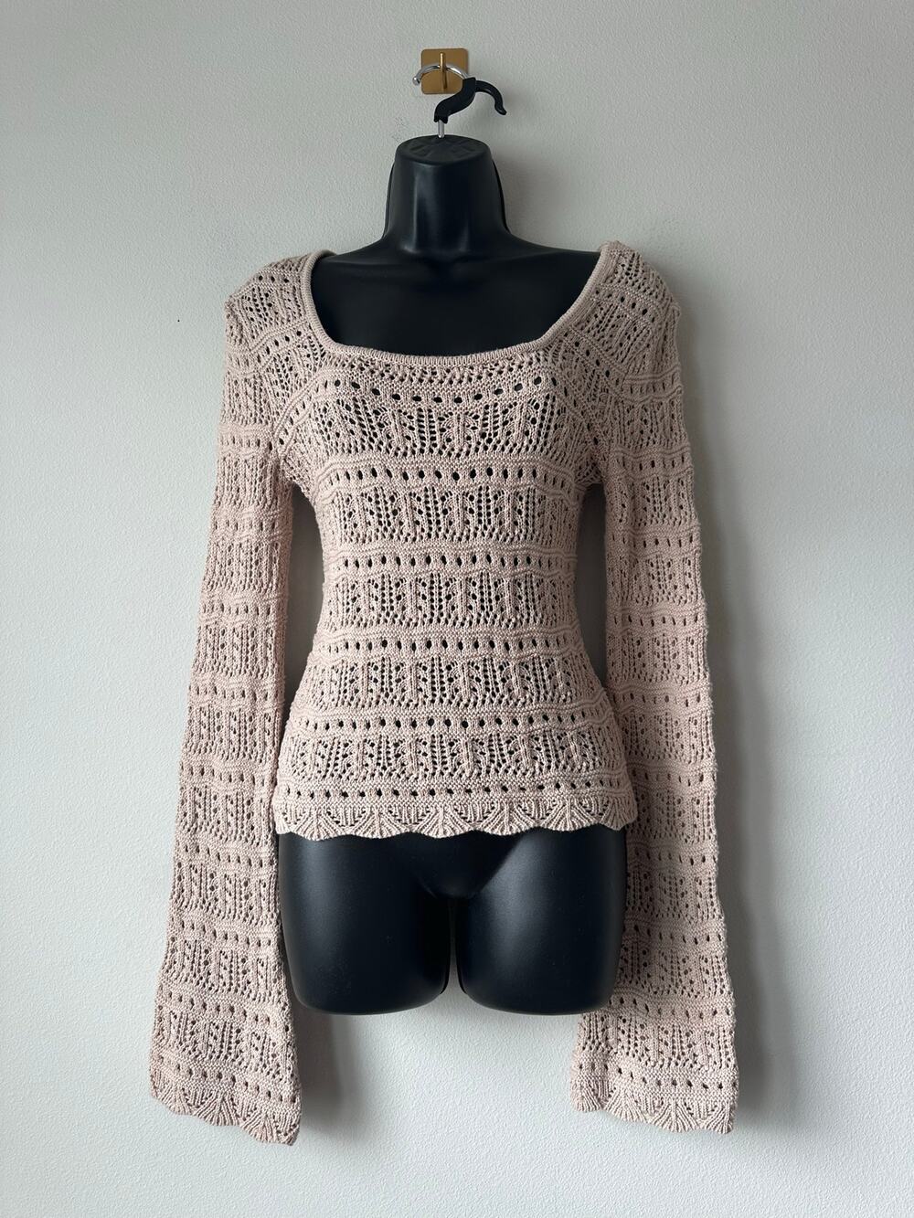 Boho Crochet Bell Sleeve Top Open Knit 70s Festival Scalloped Neutral M